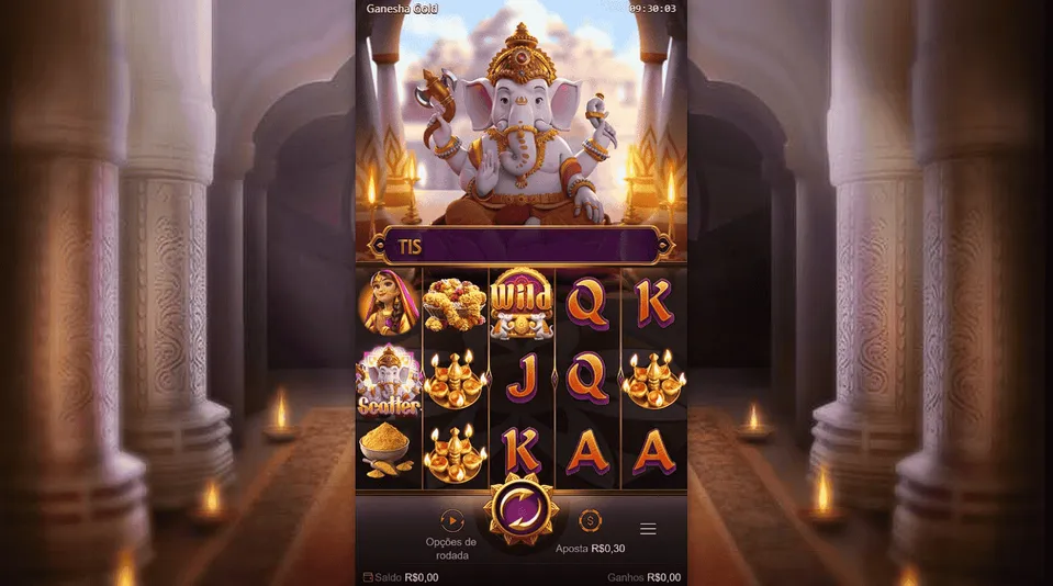 Slot de Centavos KTO: tela do jogo Ganesha Gold, com fundo com de antigo egito, com algumas letras e símbolos de ganesha, letras e números