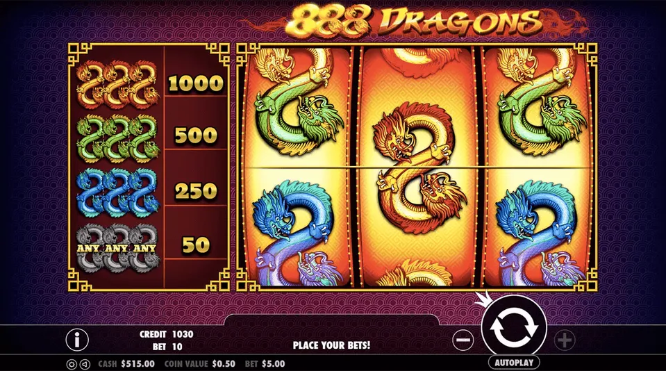 Slot de Centavos BetMGM: tela de jogo de cassino 888 Dragons, com fundo azul e dragões coloridos
