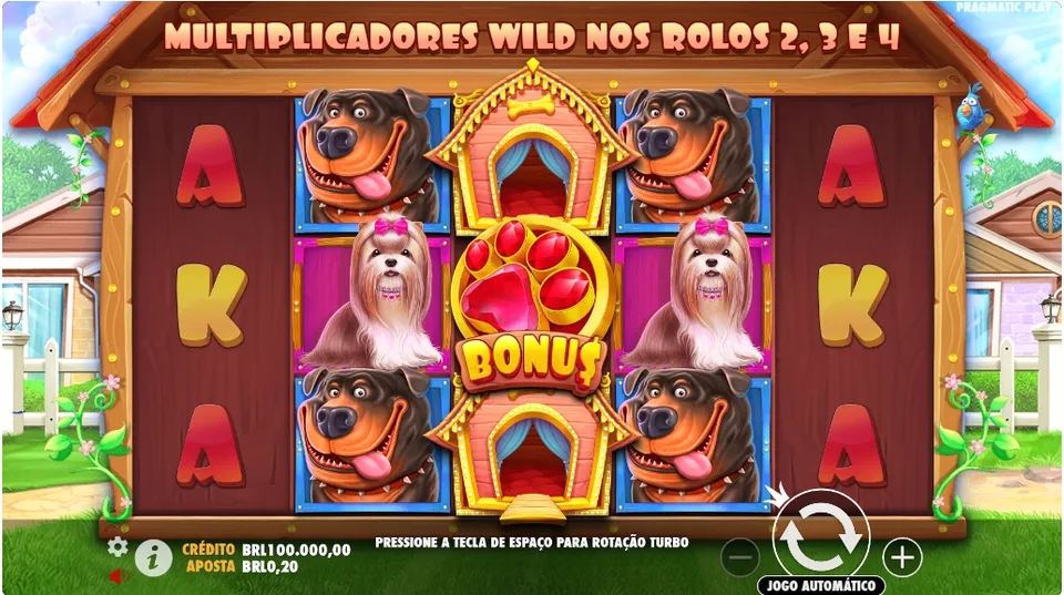 Slots que mais pagam The Dog House: fundo de vilarejo, com cachorro, letras e símbolos de jogo de cassino