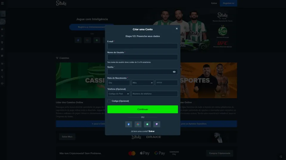 Como Criar Conta Stake: imagem da área de cadastro da plataforma, com o fundo escuro e em algumas informações em verde.
