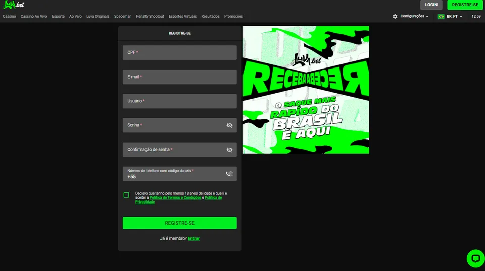 Cadastro na Luva Bet: está na imagem a área de cadastro da plataforma, tudo em tons escuros e verde.