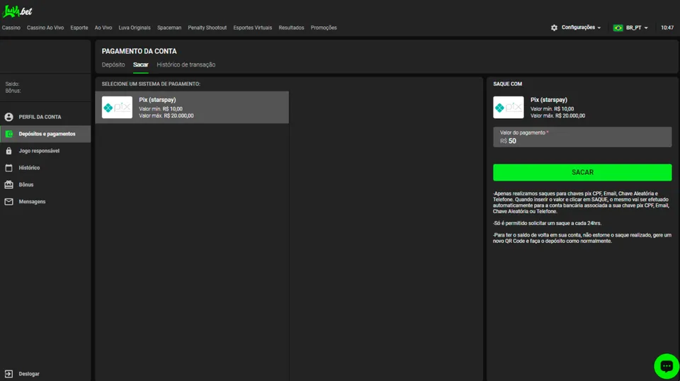 Como Sacar na Luva Bet: está na imagem a área de saque da plataforma, tudo em tons escuros e verde.