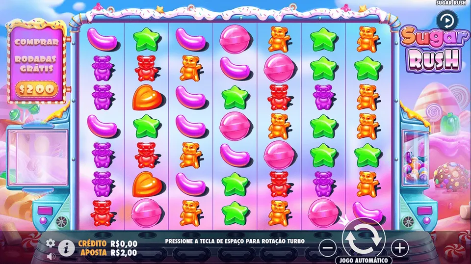 Slot 10 Centavos BacanaPlay: tela de jogo Sugar Rush, com fundo de confeitaria e cores infantis, e um alguns doces num jogo de caça-níquel