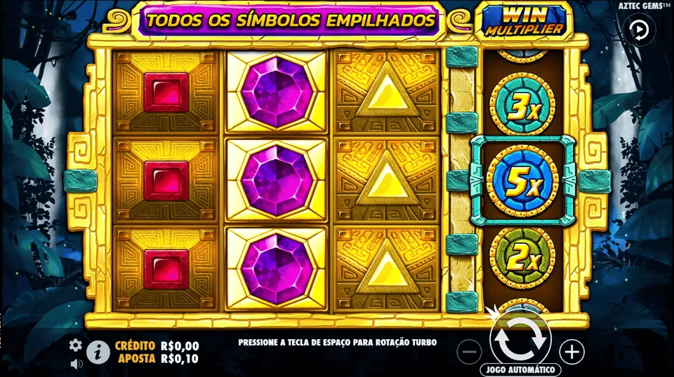 Slot de Centavos Vbet: tela do jogo Astec Gems, com fundo com de floresta, com algumas pedras preciosas e números multiplcadores no canto direito 