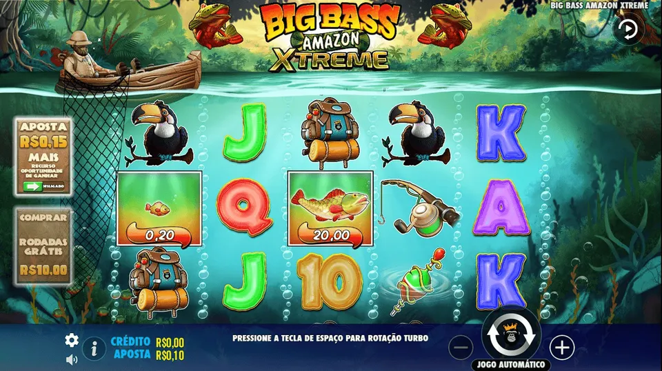 Slot 10 Centavos Betano: tela do jogo Big Bass Amazon Xtreme, com cenário de floresta, com rios e árvores ao fundo, com a tela de jogo com pássaros, animais, letras e números