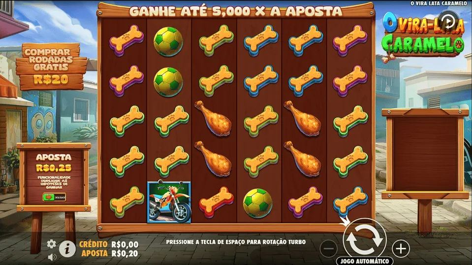 Slot de 10 Centavos Betano: tela do jogo Vira-lata Caramelo, com fundo de rua brasileira, com detalhes em madeira, frango assado, bola de futebol e ossos de cachorro