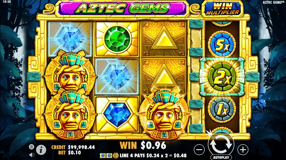 Slot de Centavos BetMGM: tela de jogo de cassino Aztec Gems, com fundo azul, gemas e figuras antigas com símbolos coloridos