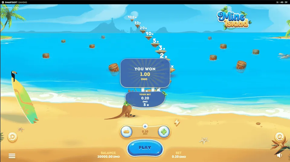 Slot de Centavos Esportes da Sorte: fundo de praia, com alguns elementos dentro da água, banhistas e botões de ação de um jogo de cassino