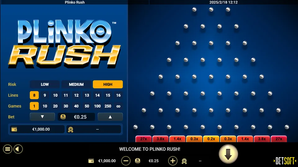 Plinko Rush: diversas informações no lado esquerdo do imagem do próprio jogo, com tons em azul e algumas outras partes coloridas.
