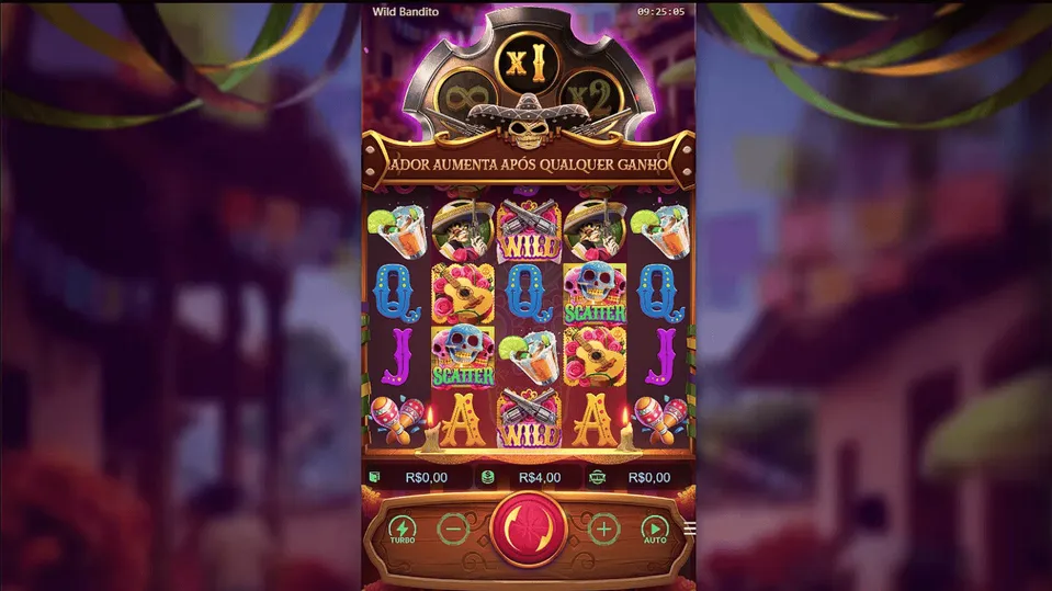 Slot 10 Centavos BacanaPlay: tela do jogo Wild Bandito, com tema de trevas e escuridão, com algumas caveiras e sinais de mortos, num jogo de caça-níquel