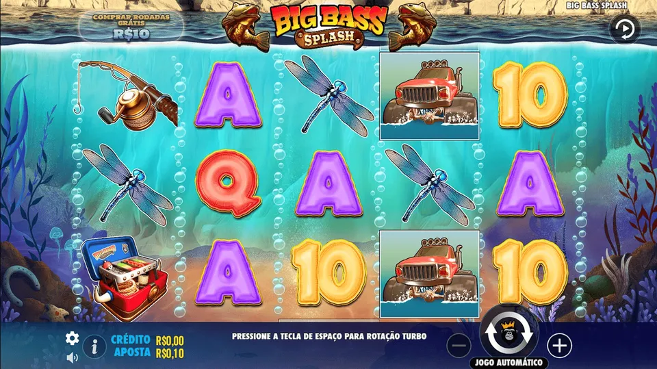 Slot de Centavos Betfair: tela do jogo Big Bass Splash, com fundo com tema de água e mar, com alguns peixes, letras e números