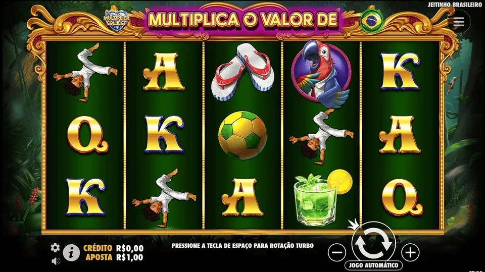 Slot 10 Centavos Lottoland: fundo verde, com algumas plantas, com elementos que remetem ao Brasil, como caipirinha, letras, chinelo e pássaros