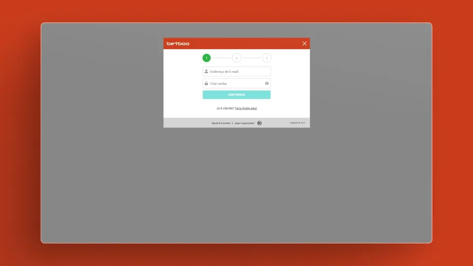 Betboo Cassino Registro: na imagem tem a aba de registro do cassino com as cores da plataforma, laranja.