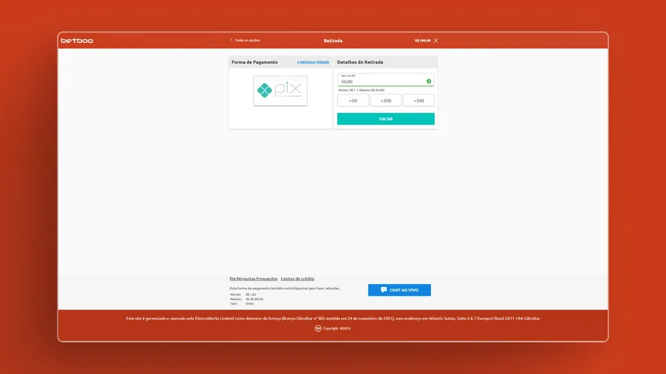 Betboo Cassino Depositar: na imagem tem a aba de depósitos do cassino com as cores da plataforma, laranja.