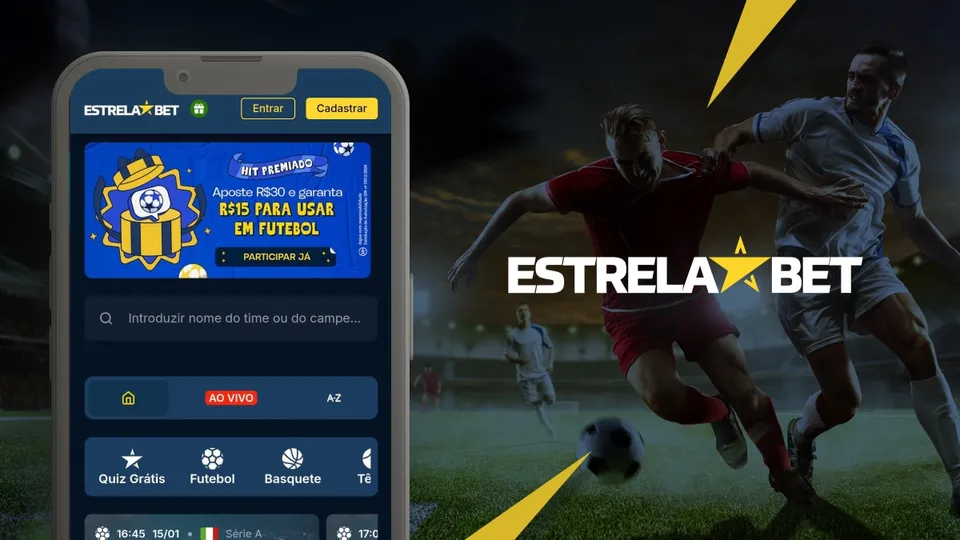 Estrela Bet App: imagem com jogadores disputando a bola e um celular aberto com o app da Estrela Bet, tudo bem colorido.