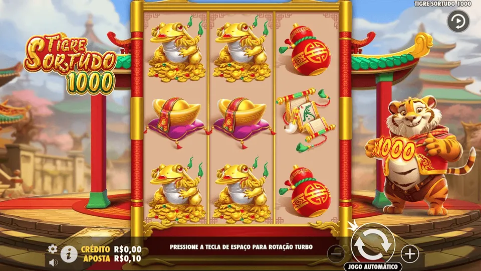Slot 10 Centavos f12bet: tela de jogo do Tigrinho Sortudo, com fundo oriental e um tigre sorrindo num jogo de caça-níquel