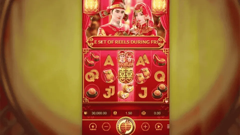 Slot 10 Centavos EsportivaBet: fundo dourado, com detalhes em vermelho, com um casal oriental e alguns artefatos orientais em jogo de cassino