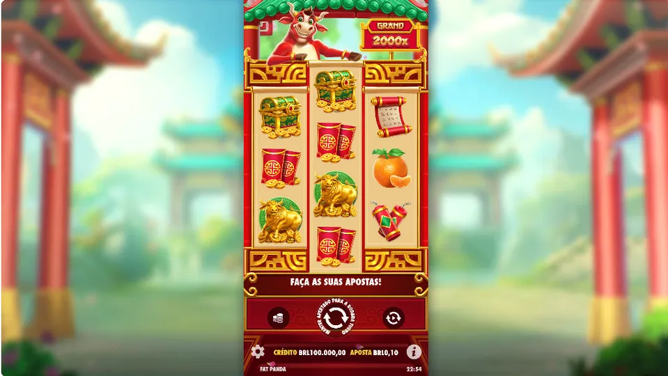 Slot 10 Centavos Esportes da Sorte: fundo oriental com touro vermelho e símbolos de um jogo de cassino