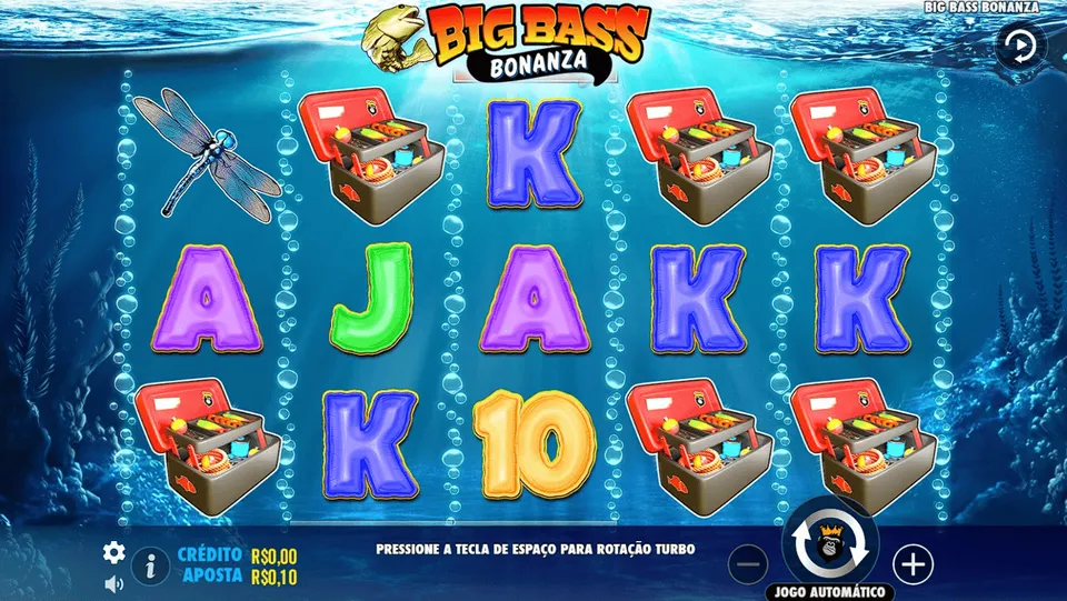 Slot 10 Centavos BacanaPlay: tela de jogo do Big Bass Bonanza, com fundo de água e vida marinha, e um alguns peixes num jogo de caça-níquel