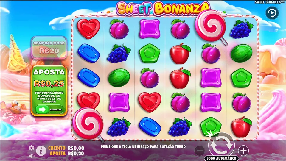 Slot 10 Centavos Betano: tela do Sweet Bonanza, com fundo de doces e cores infantis, com símbolos de doces, frutas e pirulitos em um jogo de caça-níquel