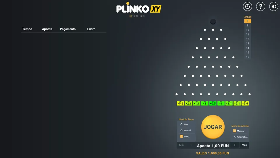 Plinko XY: Imagem do jogo com tons de cinza e comandos em amarelo.