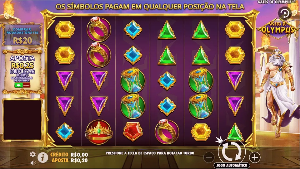 Slot 10 Centavos KTO: tela do Gates of Olympus, com fundo de olimpo e cenário da Grécia antiga, com uma imagem de zeus e pedras preciosas num jogo de caça-níquel