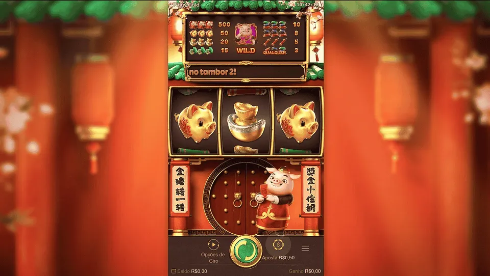 Slot 10 Centavos KTO: fundo oriental, com cor alaranjada, com porcos dourados e artefatos orientas no cenário do jogo de cassino online