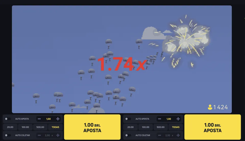 Slot 10 Centavos Betnacional: com fundo de céu e alguns elementos de bombas e botões para apostar na cor amarela