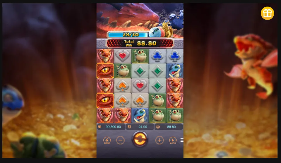 Imagem do slot Dragon Hatch em ação, com cores vibrantes e símbolos temáticos em destaque.