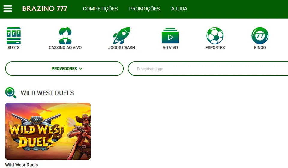 Página de busca do site Brazino 777 exibindo o jogo "Wild West Duels", com ícones de categorias como Slots, Cassino ao Vivo, Jogos Crash, Esportes e Bingo no topo, e o jogo em destaque com imagem de faroeste ao fundo.