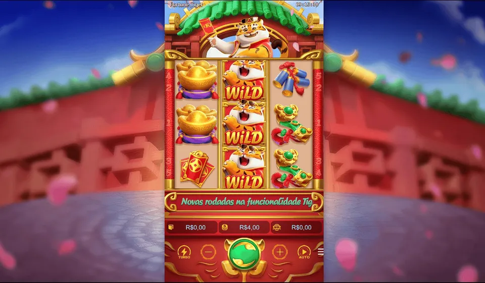 Slot 10 Centavos KTO: tela de jogo do Tigrinho, com fundo oriental e um tigre sorrindo num jogo de caça-níquel