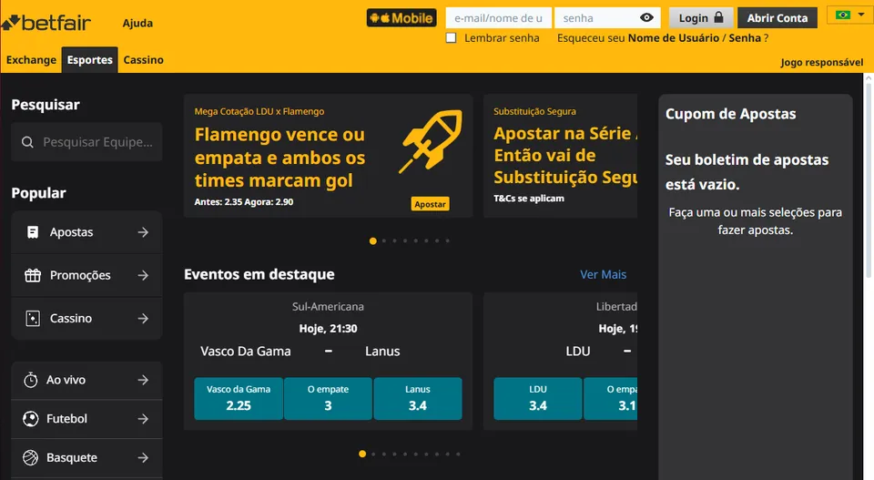 Como entrar na Betfair: passo a passo para criar sua conta, imagem com cores amarelas e pretas da página inicial da Betfair