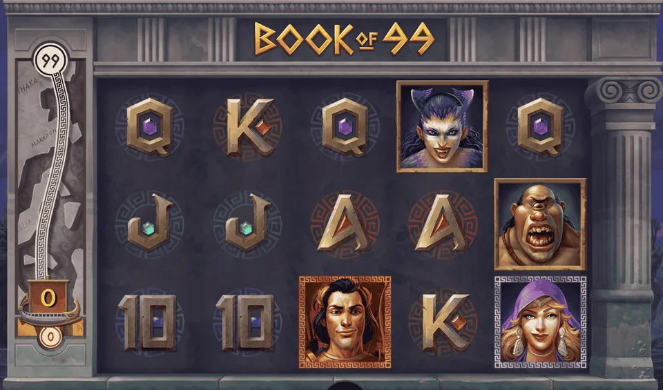 Slot 10 Centavos Betfair: tela de jogo do Book of 99, com fundo de Egito, e um alguns monstros num jogo de caça-níquel