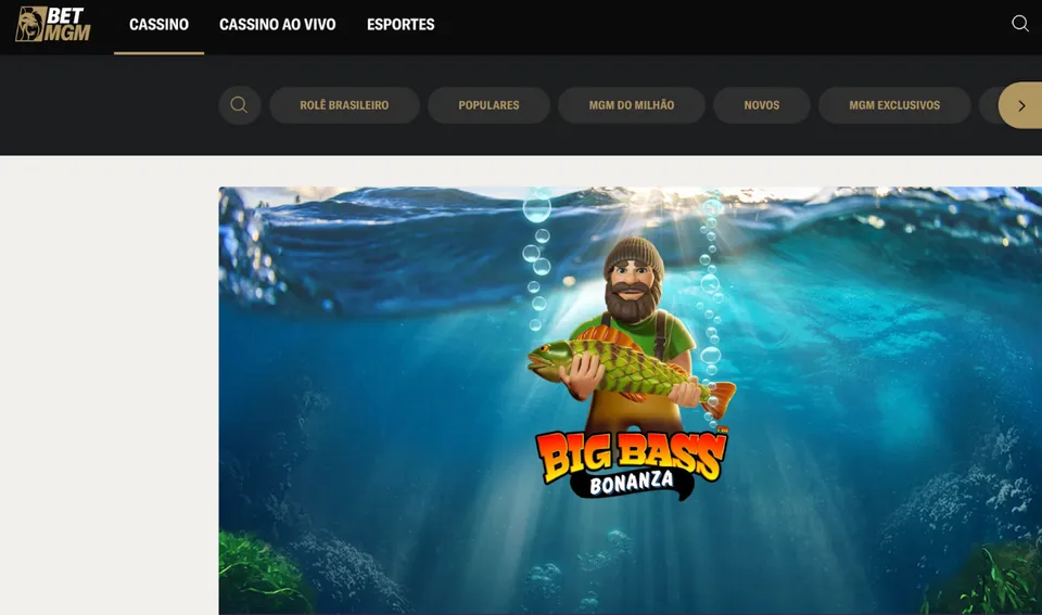 Big Bass Bonanza: imagem com o jogo de cassino com um fundo de mar e um pescador no centro da imagem, com um peixe na mão 