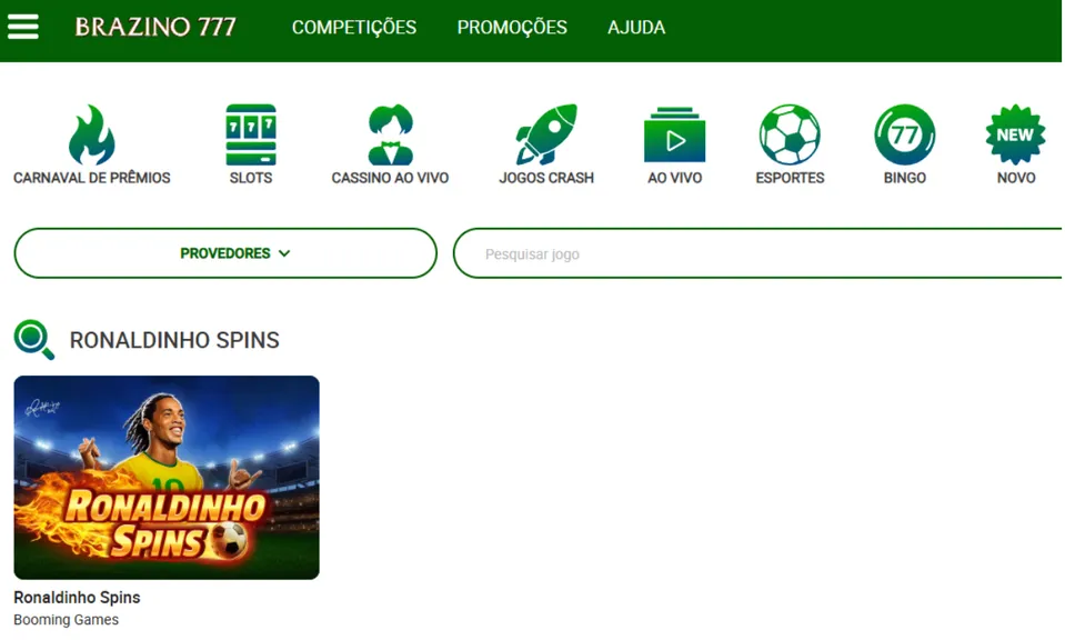 Ronaldinho Spins: tela de pesquisa da Brazino777 para jogar o slot