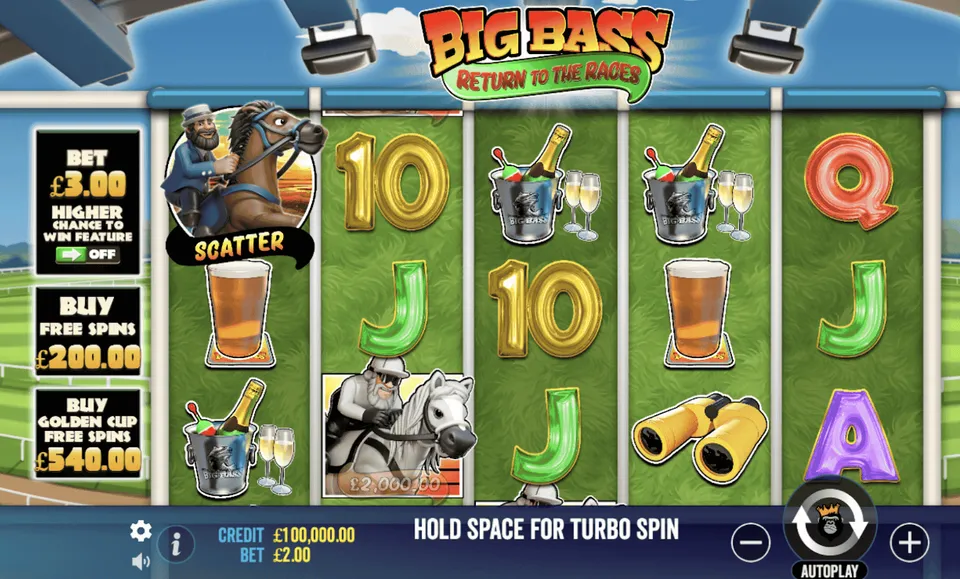 Slot 10 Centavos Betfair: tela do jogo Big Bass Return to the races, com fundo azul e símbolos americanos de corrida de cavalos, com imagens de cerveja, letras e números
