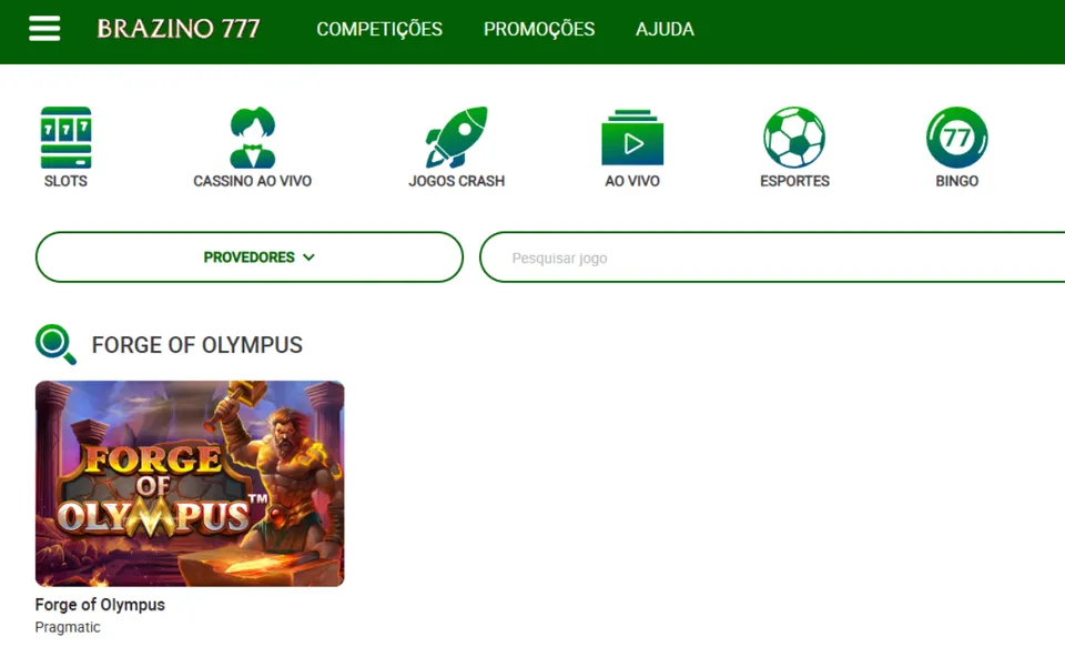 Imagem do site Brazino777 exibindo a seção de jogos, com destaque para o slot “Forge of Olympus” da Pragmatic Play. O menu superior mostra categorias como Slots, Cassino Ao Vivo, Jogos Crash, Ao Vivo, Esportes e Bingo.