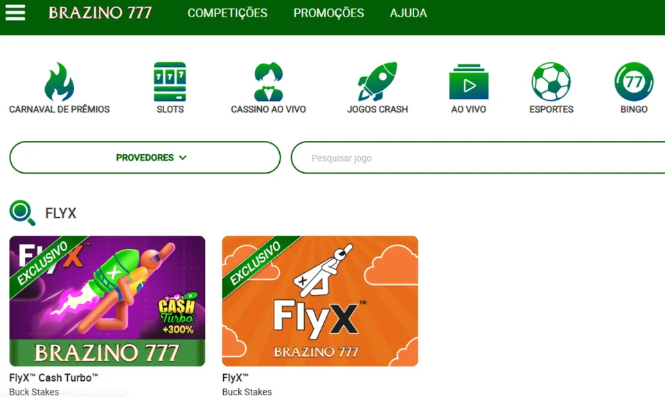 FlyX Cassino: tela de pesquisa do cassino Brazino para jogar slots