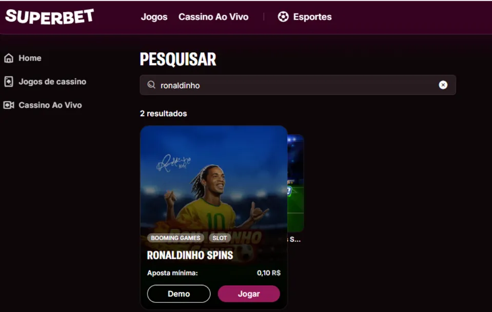 Ronaldinho Spins: página da SuperBet com slots de cassino
