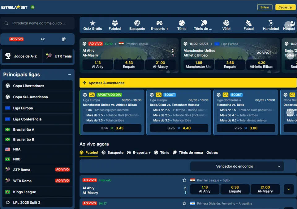 Estrela Bet Login, imagem com a página inicial de esportes, com diversas apostas esportivas, mercados e esportes. Tons da imagem em azul escuro e amarelo.