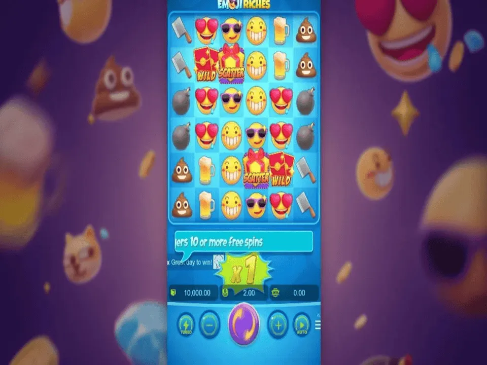 Slot 10 Centavos Betnacional: fundo de emojis, com tela de jogo com a cor de fundo azul e mais emojis de cassino