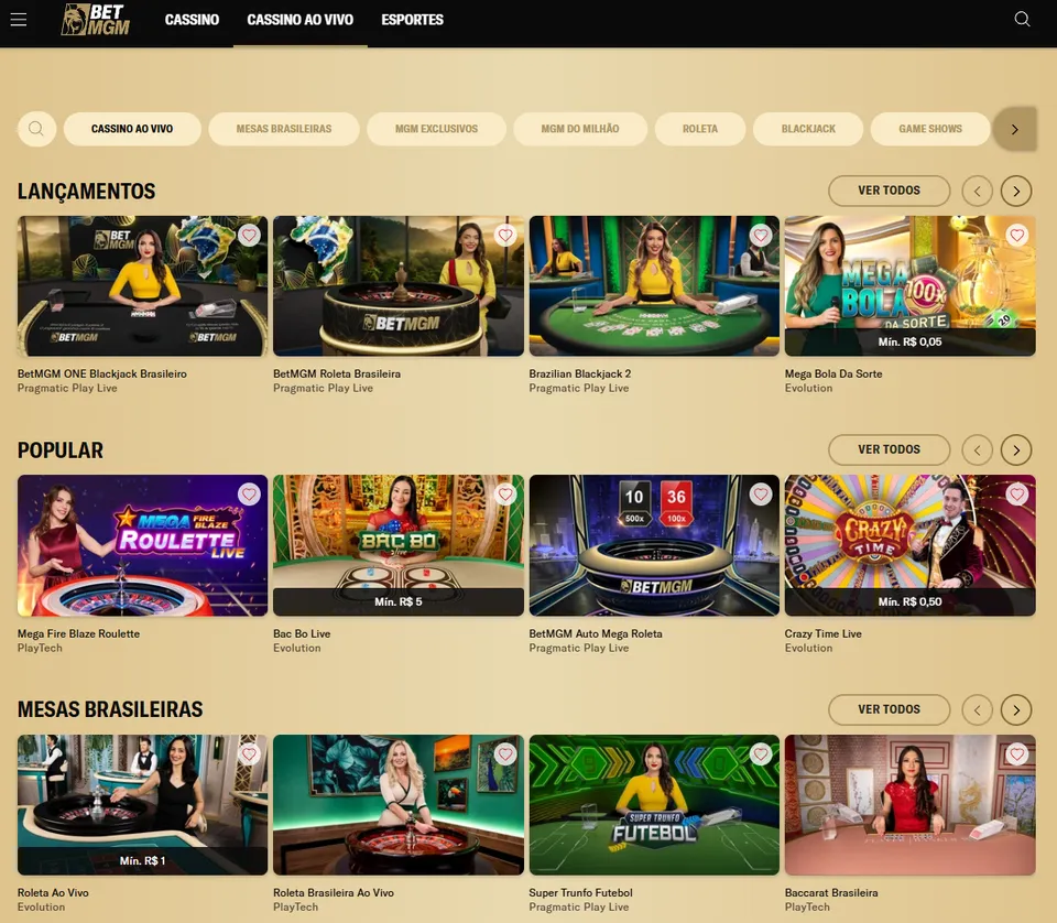 Jogos Ao Vivo na BetMGM: diversos jogos ao vivo e o fundo é em dourado.