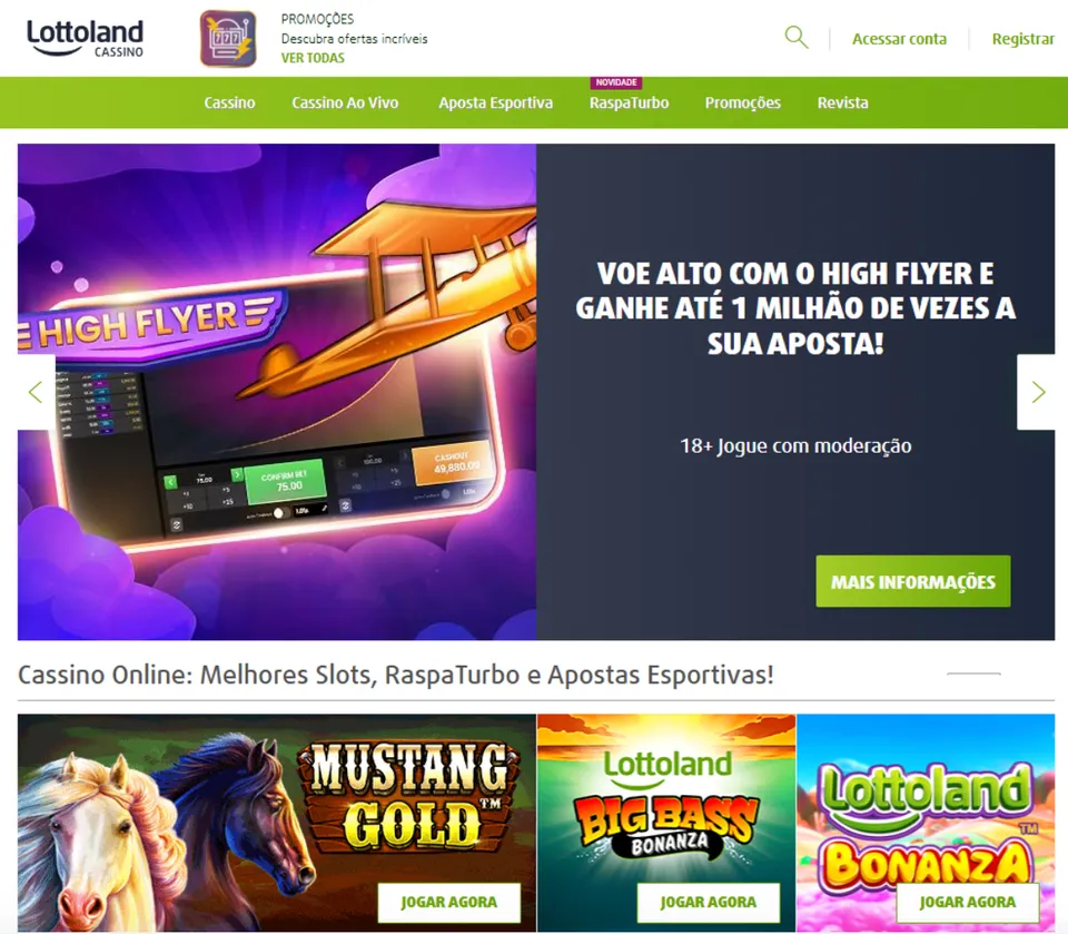 A imagem mostra a página principal da Lottoland Cassino, com banner que ocupa boa parte da imagem e destaca o crash game High Flyer