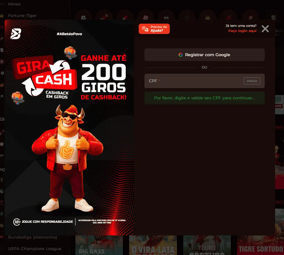 BateuBet Cassino: fundo preto com touro mascote da casa de apostas, com sinais vermelhos e a tela de cadastro